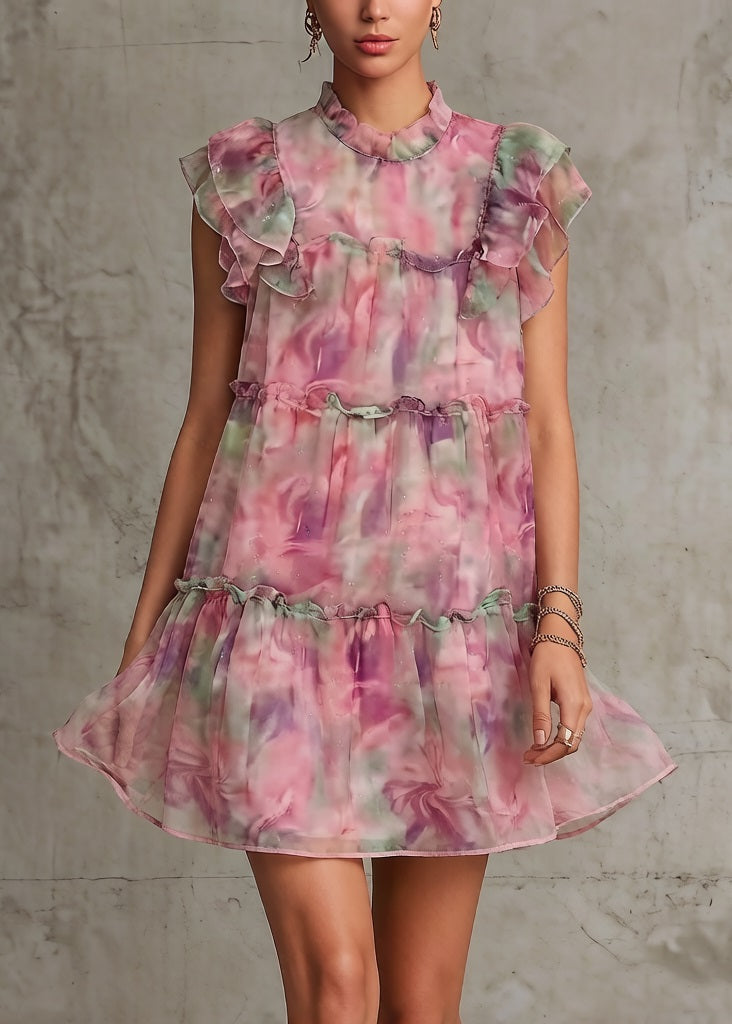 Beautiful Pink Ruffled Print Chiffon Mid Dress Summer
