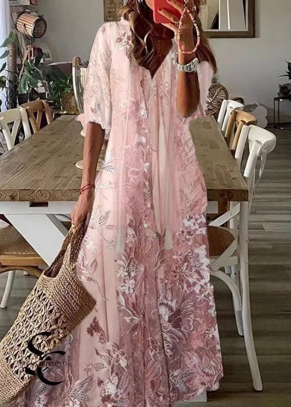 Beautiful Pink V Neck Print Chiffon Maxi Dresses Summer 2