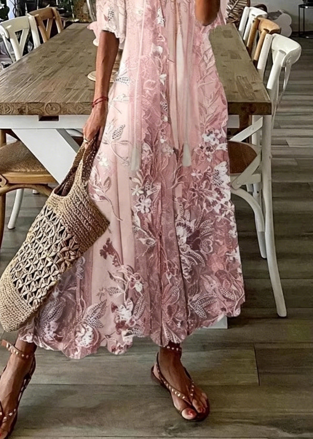 Beautiful Pink V Neck Print Chiffon Maxi Dresses Summer 4
