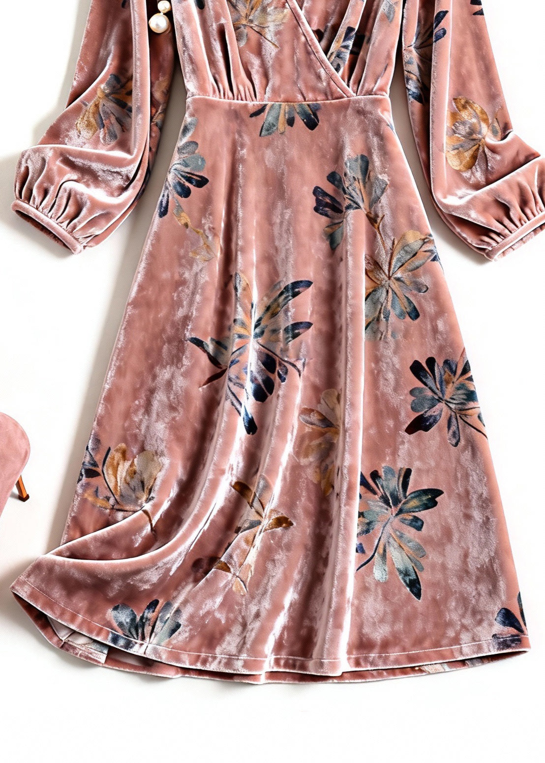 Floral Print Velvet Deep V-Neck Wrap Long Sleeve A-Line Midi Dress