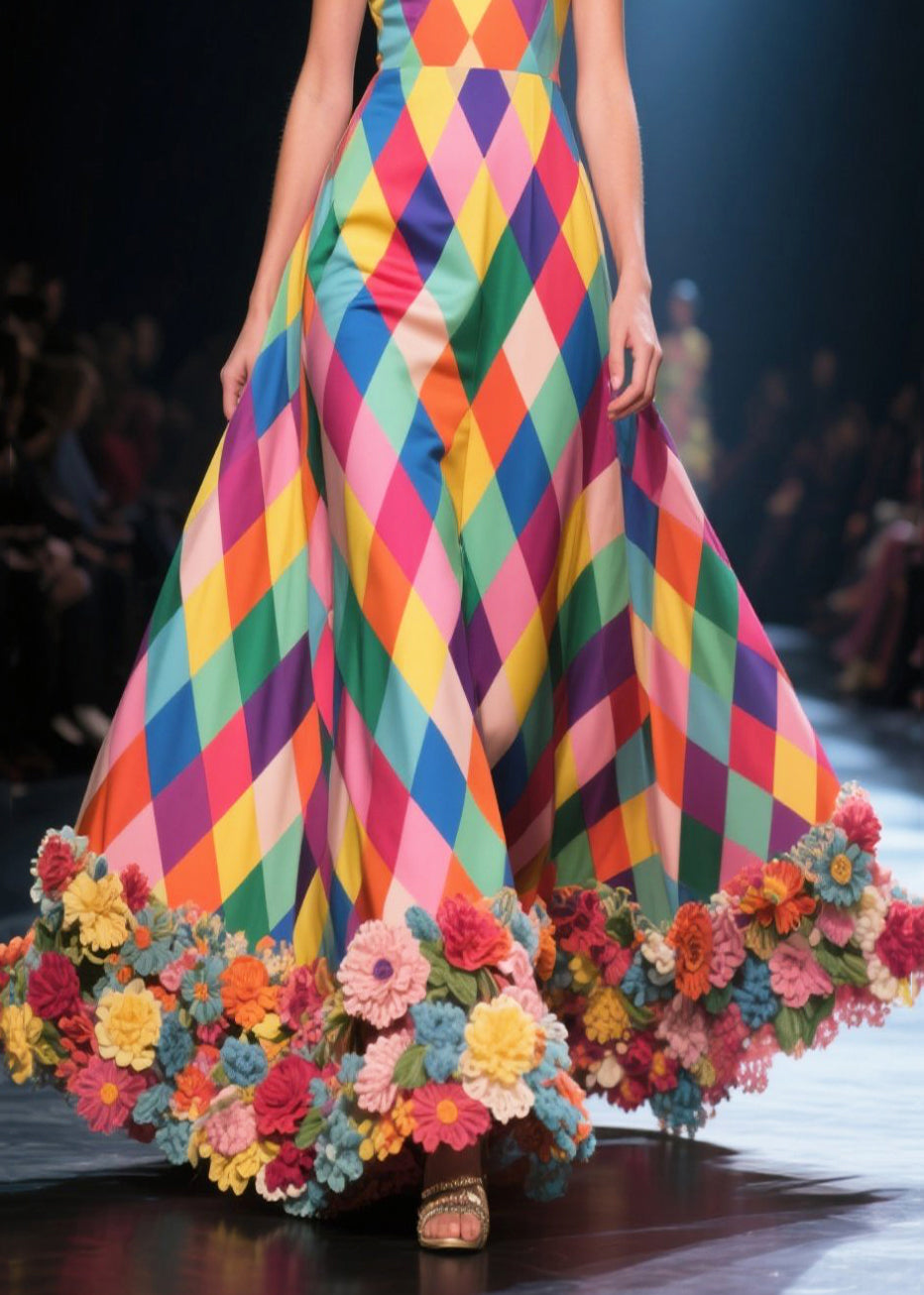 Off Shoulder Harlequin Diamond Print 3D Floral Hem Ball Gown