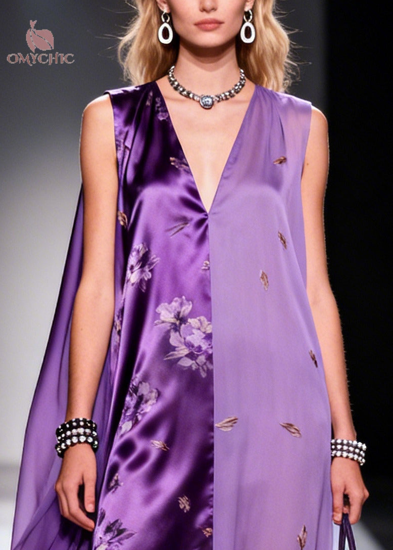 Sleeveless Deep V-Neck Floral Satin Embroidered Sheer Panel Cape Gown