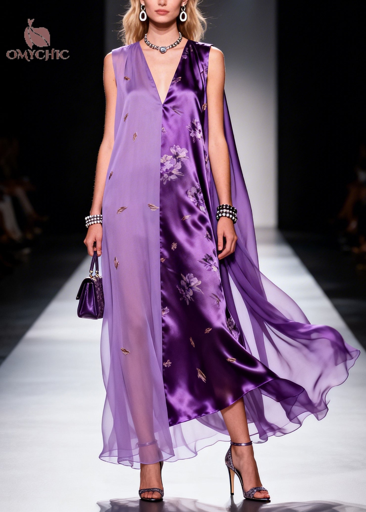Sleeveless Deep V-Neck Floral Satin Embroidered Sheer Panel Cape Gown