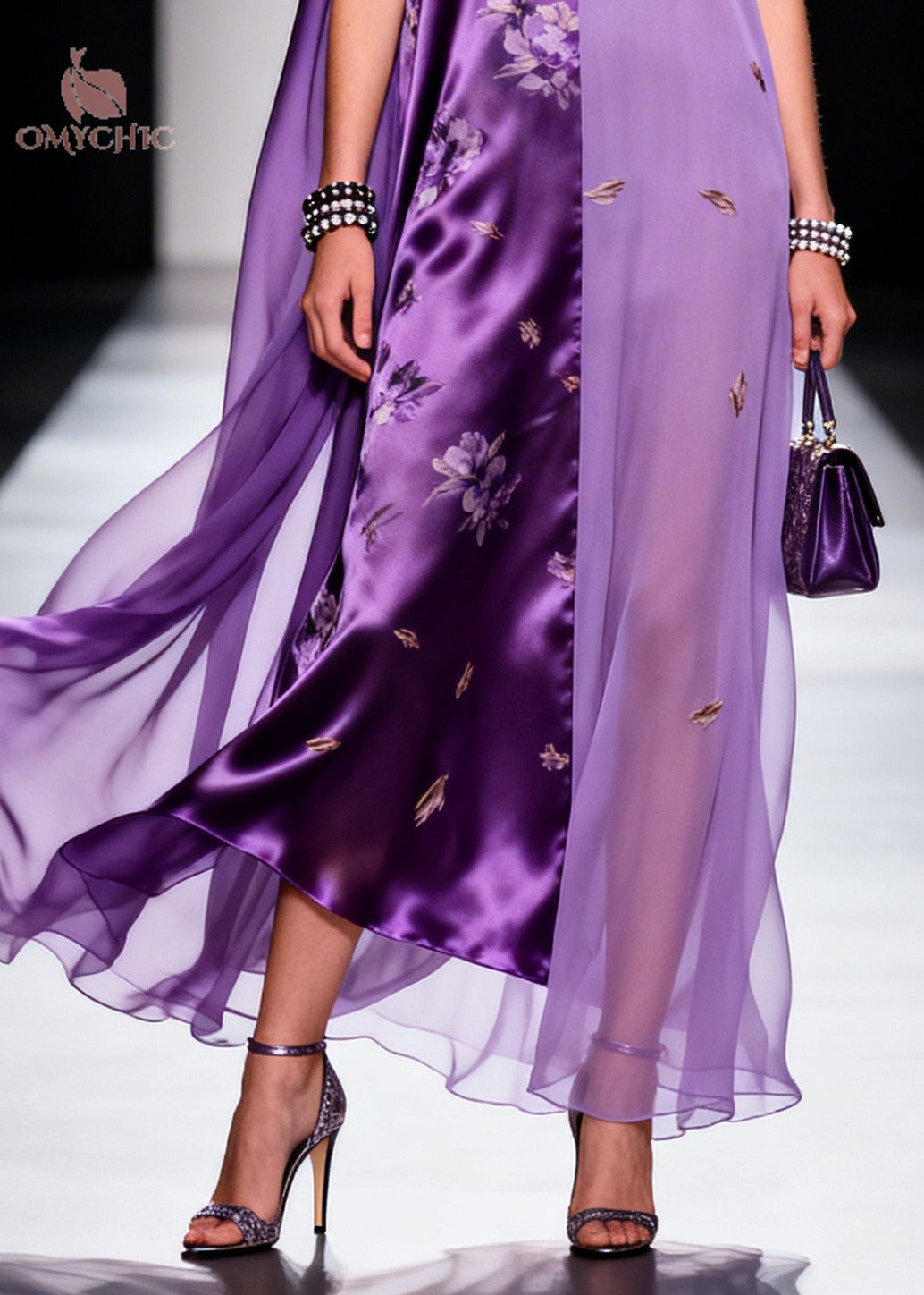 Sleeveless Deep V-Neck Floral Satin Embroidered Sheer Panel Cape Gown