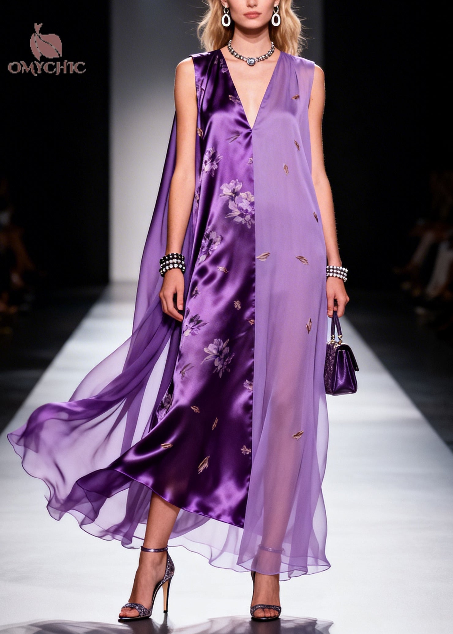 Sleeveless Deep V-Neck Floral Satin Embroidered Sheer Panel Cape Gown