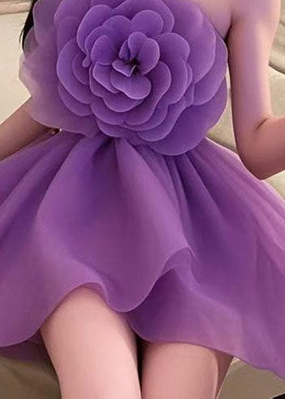 Organza Strapless 3D Flower Rosette Tiered Ruffle Mini Dress