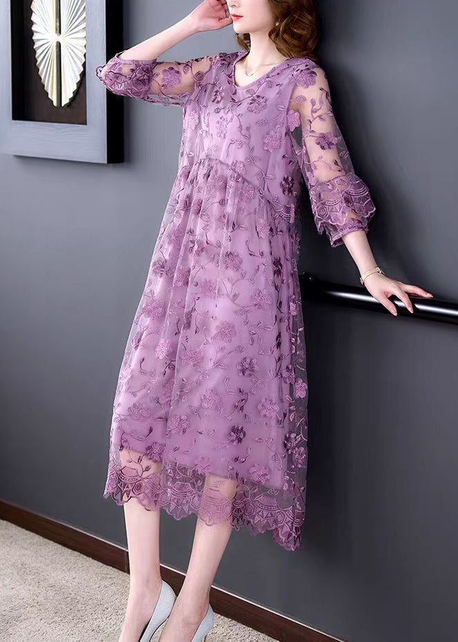 Floral Embroidered Mesh Three Quarter Puff Sleeve Empire Waist Midi Dress