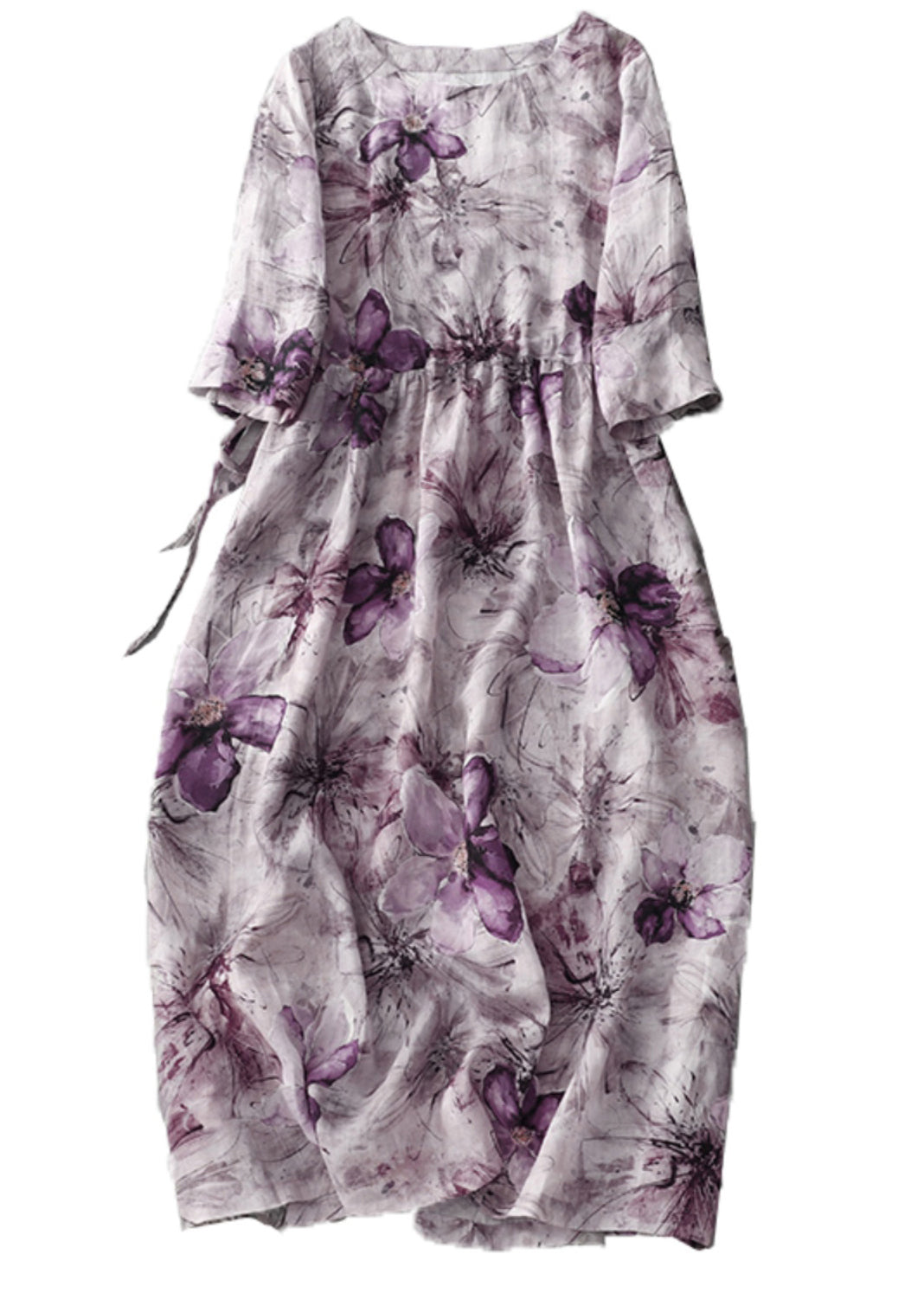 Floral Print Round Neck Bracelet Sleeve Tie Waist Gathered A-Line Midi Dress