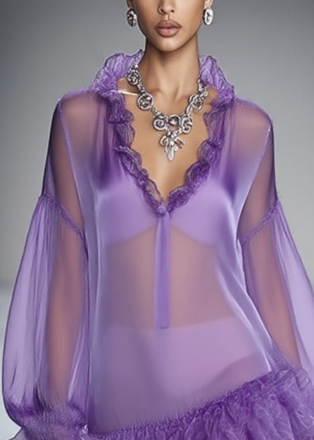 Beautiful Purple Ruffled Solid Tulle Mid Dress Spring 2