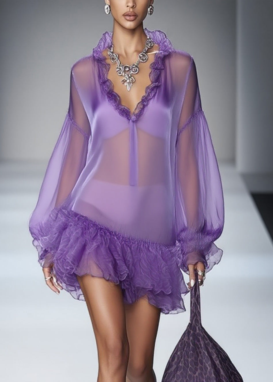 Beautiful Purple Ruffled Solid Tulle Mid Dress Spring 3
