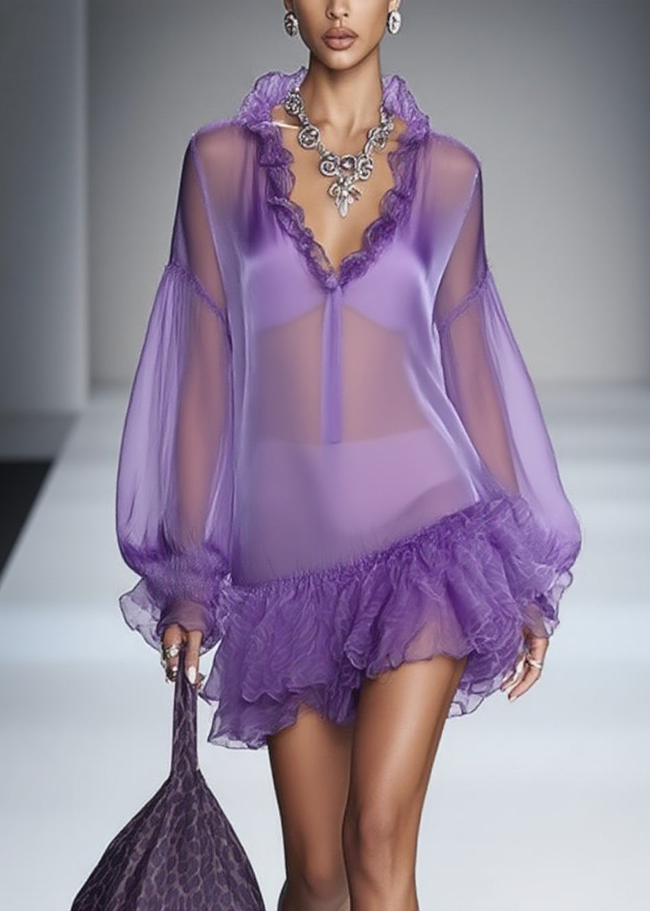 Beautiful Purple Ruffled Solid Tulle Mid Dress Spring 5