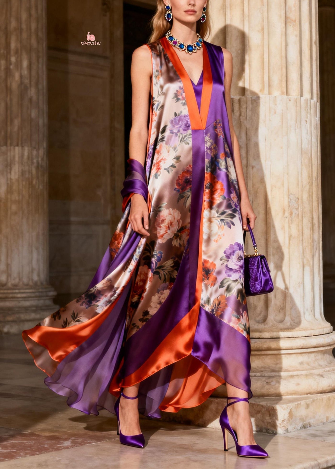 Beautiful Purple V Neck Chiffon Maxi Spaghetti Strap Dresses Summer