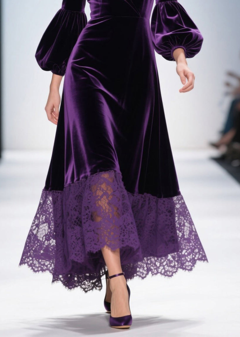 Velvet Lace Hem Wrap Deep V-Neck Balloon Sleeve Maxi Dress