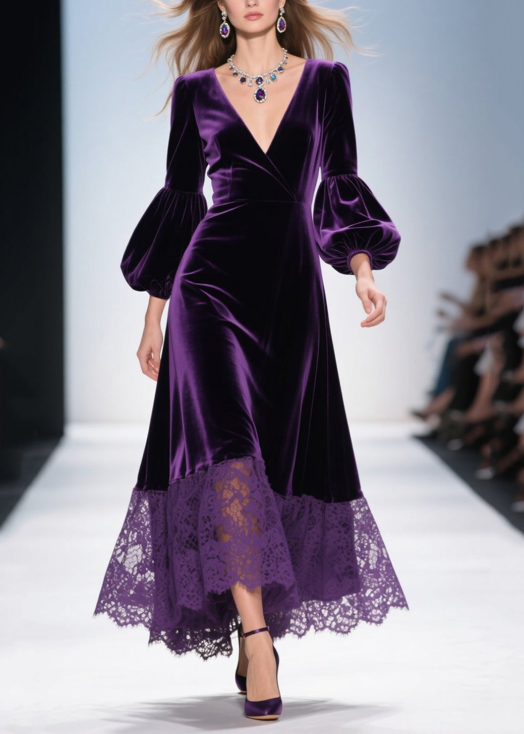 Velvet Lace Hem Wrap Deep V-Neck Balloon Sleeve Maxi Dress