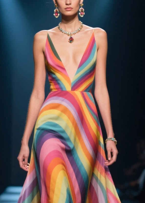 Wavy Stripe Print Deep V-Neck Spaghetti Strap 3D Floral Appliqué Hem Ball Gown