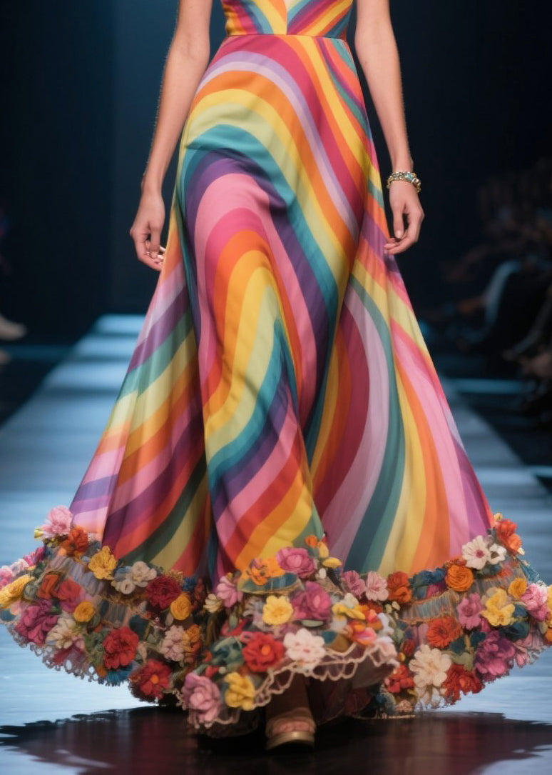 Wavy Stripe Print Deep V-Neck Spaghetti Strap 3D Floral Appliqué Hem Ball Gown