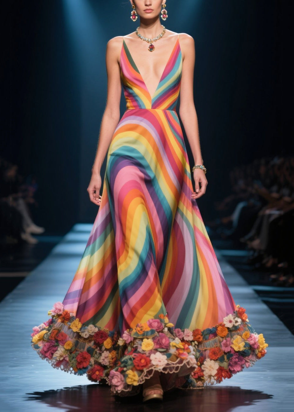 Wavy Stripe Print Deep V-Neck Spaghetti Strap 3D Floral Appliqué Hem Ball Gown