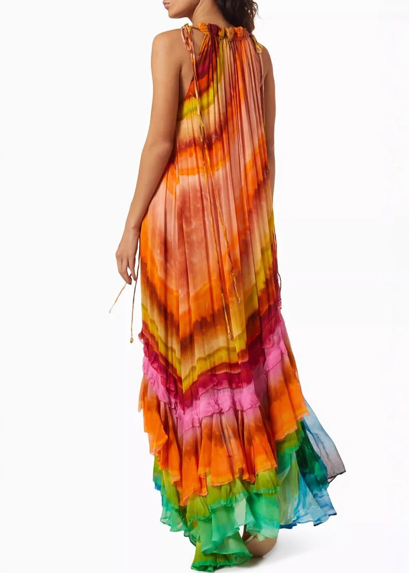 Beautiful Rainbow Wrinkled Lace Up Cotton Maxi Dresses Sleeveless 5