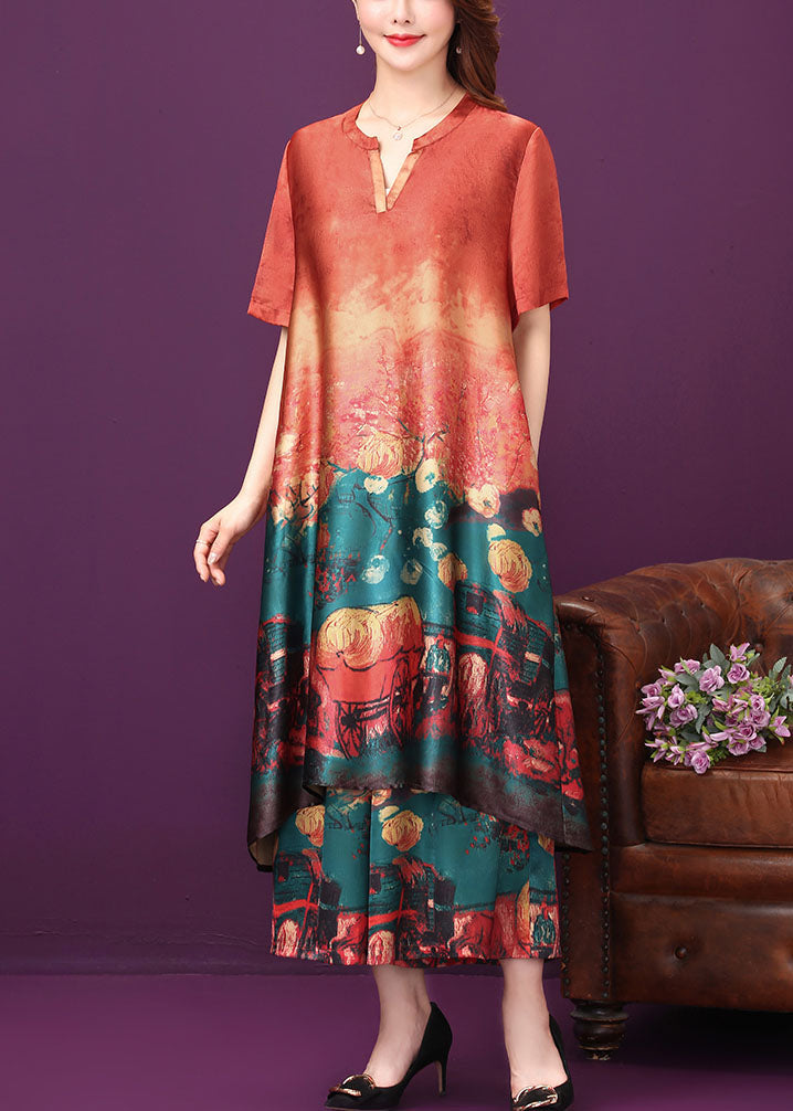 Satin Abstract Print Short Sleeve Notch Neck Tunic Wide Leg Pants Two Piece Set