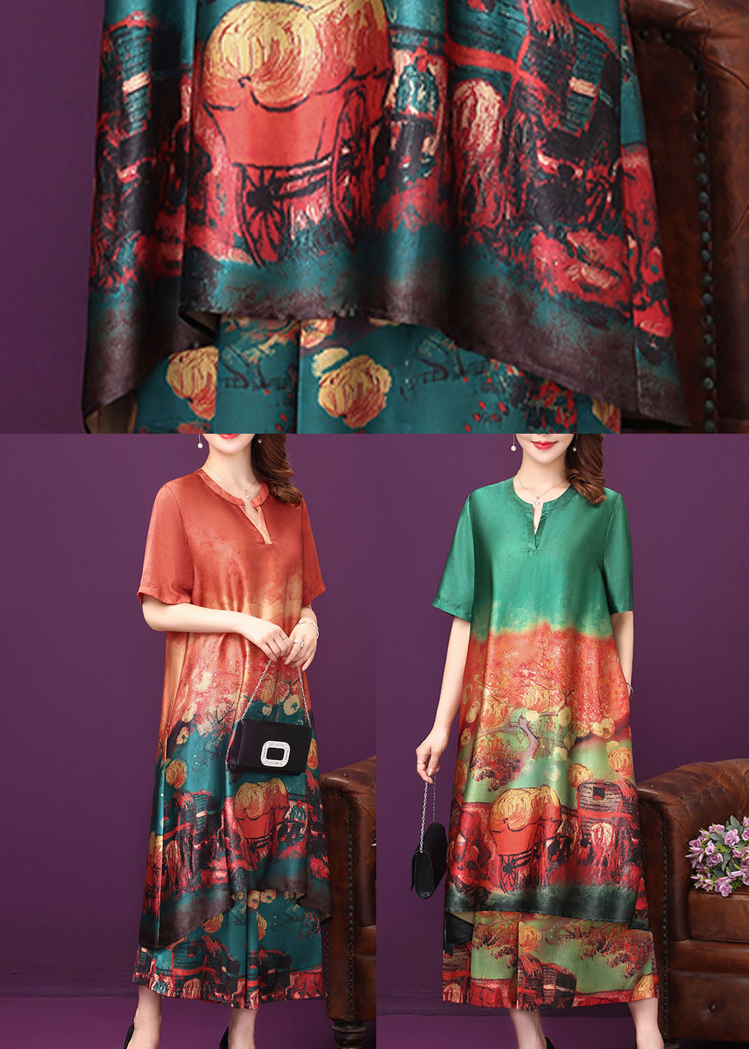 Satin Abstract Print Short Sleeve Notch Neck Tunic Wide Leg Pants Two Piece Set