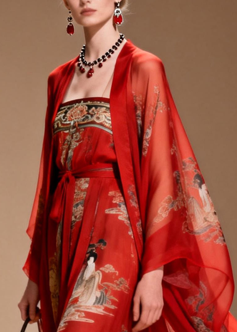 Chiffon Illustrative Print Kimono Sleeve Belted Two Piece Maxi Gown Set