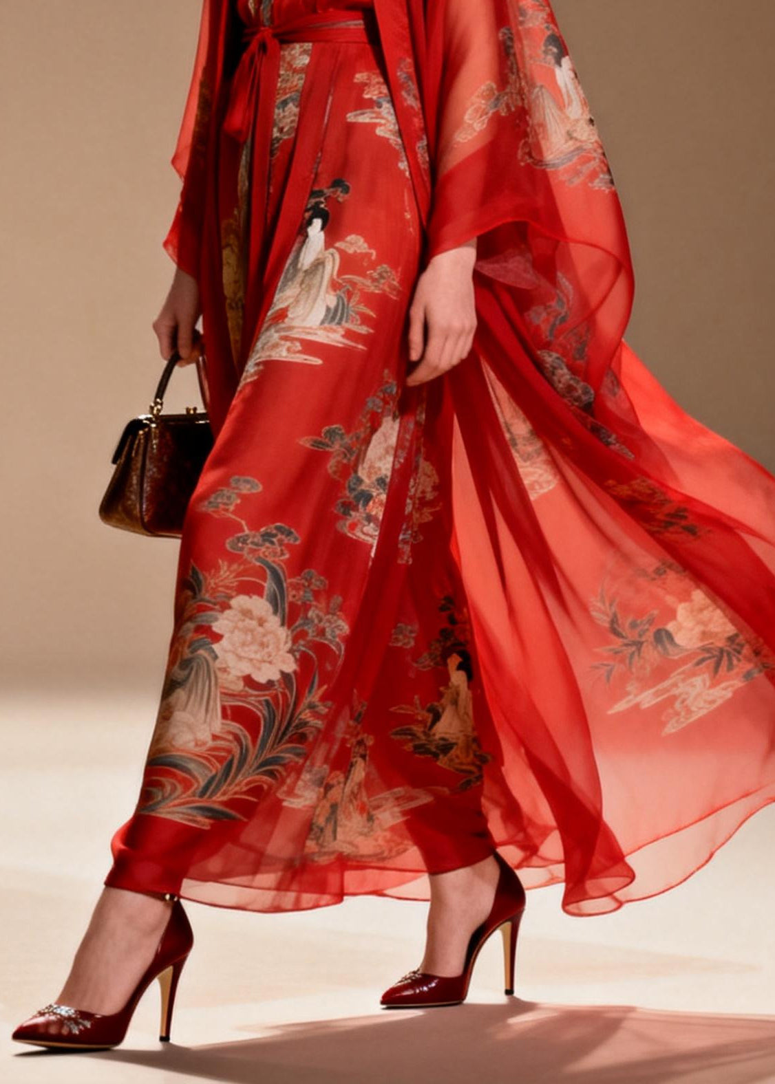Chiffon Illustrative Print Kimono Sleeve Belted Two Piece Maxi Gown Set