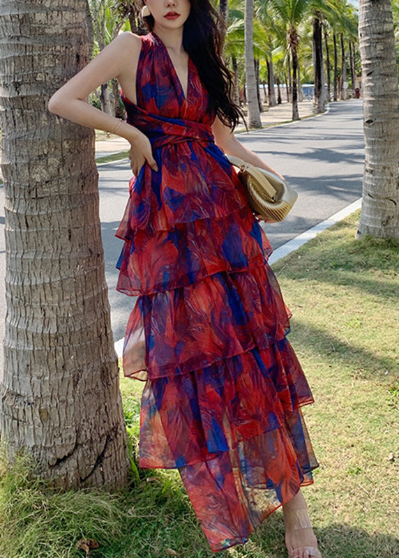Beautiful Red V Neck Print Chiffon Tunic Maxi Dresses Summer 3