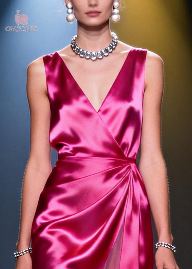 Deep V-Neck Sleeveless Satin Wrap Ruched High Low Midi Dress