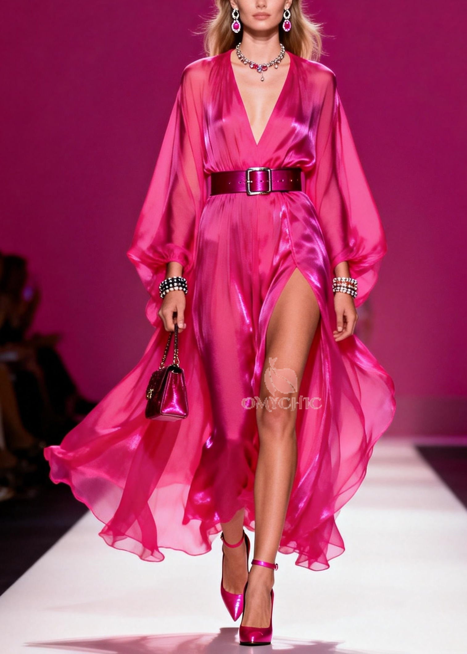 Deep V-Neck Bishop Sleeve Belted Wrap High Split Chiffon Maxi Gown