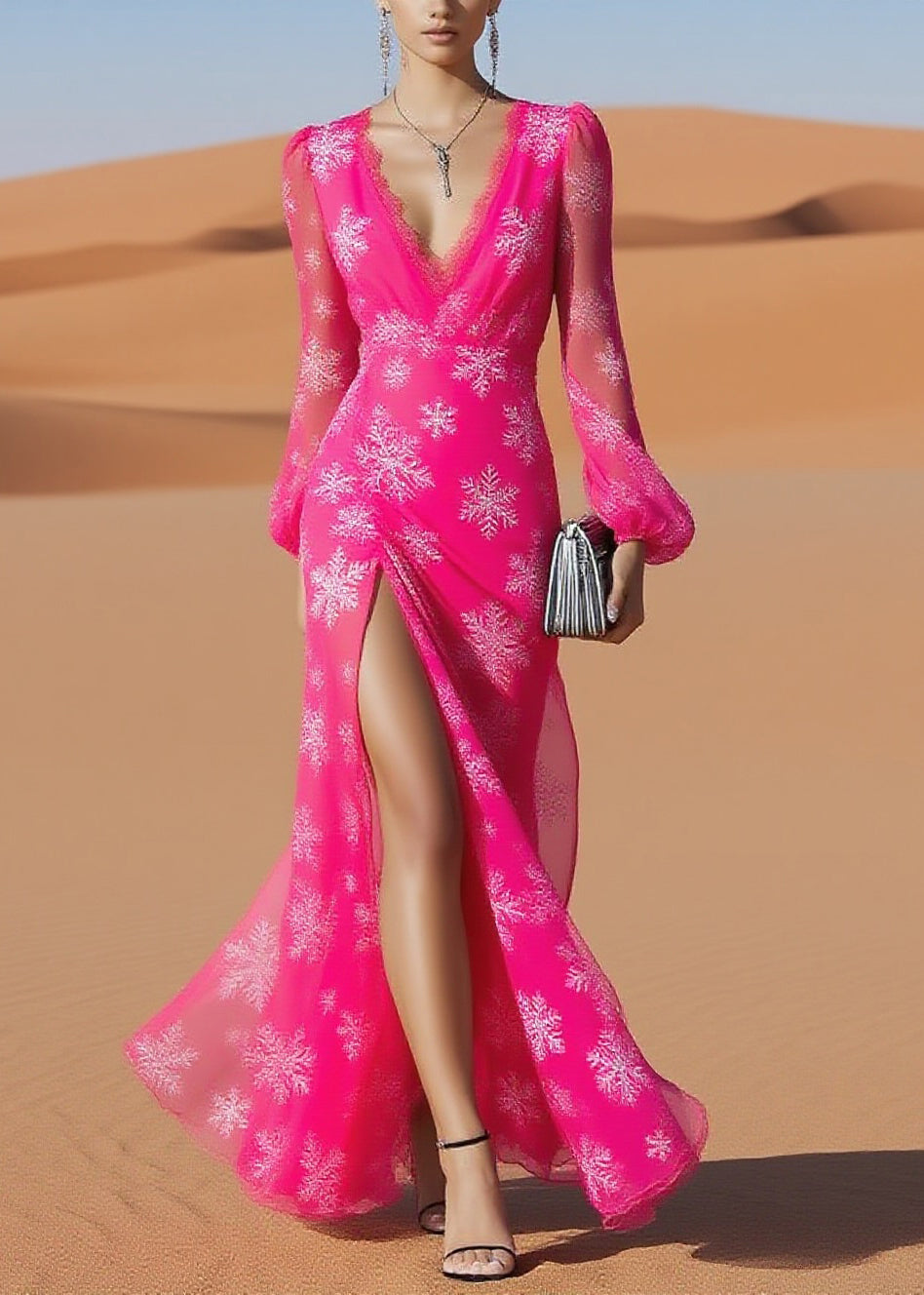 Deep V-Neck Lace Trim Bishop Sleeve Chiffon High Split Maxi Dress