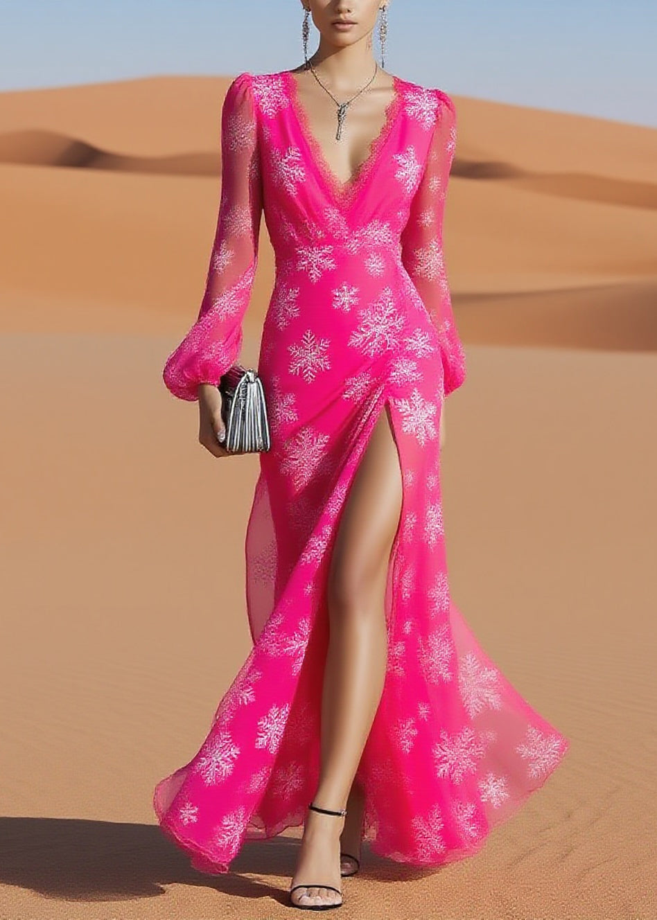 Deep V-Neck Lace Trim Bishop Sleeve Chiffon High Split Maxi Dress