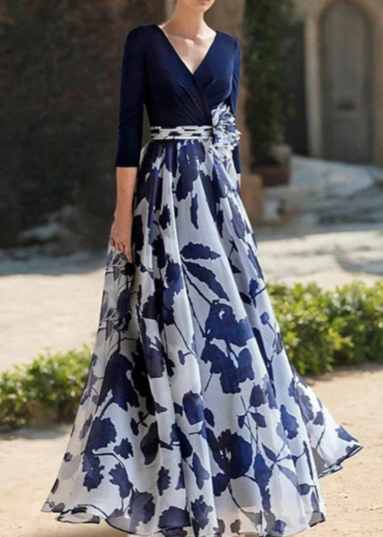 Floral Print V-Neck Surplice Three Quarter Sleeve Floral Waist A-Line Maxi Gown