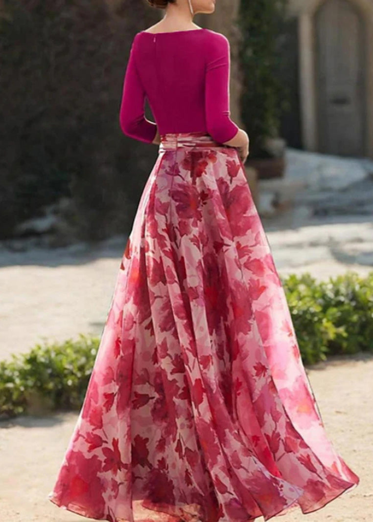 Floral Print V-Neck Surplice Three Quarter Sleeve Floral Waist A-Line Maxi Gown