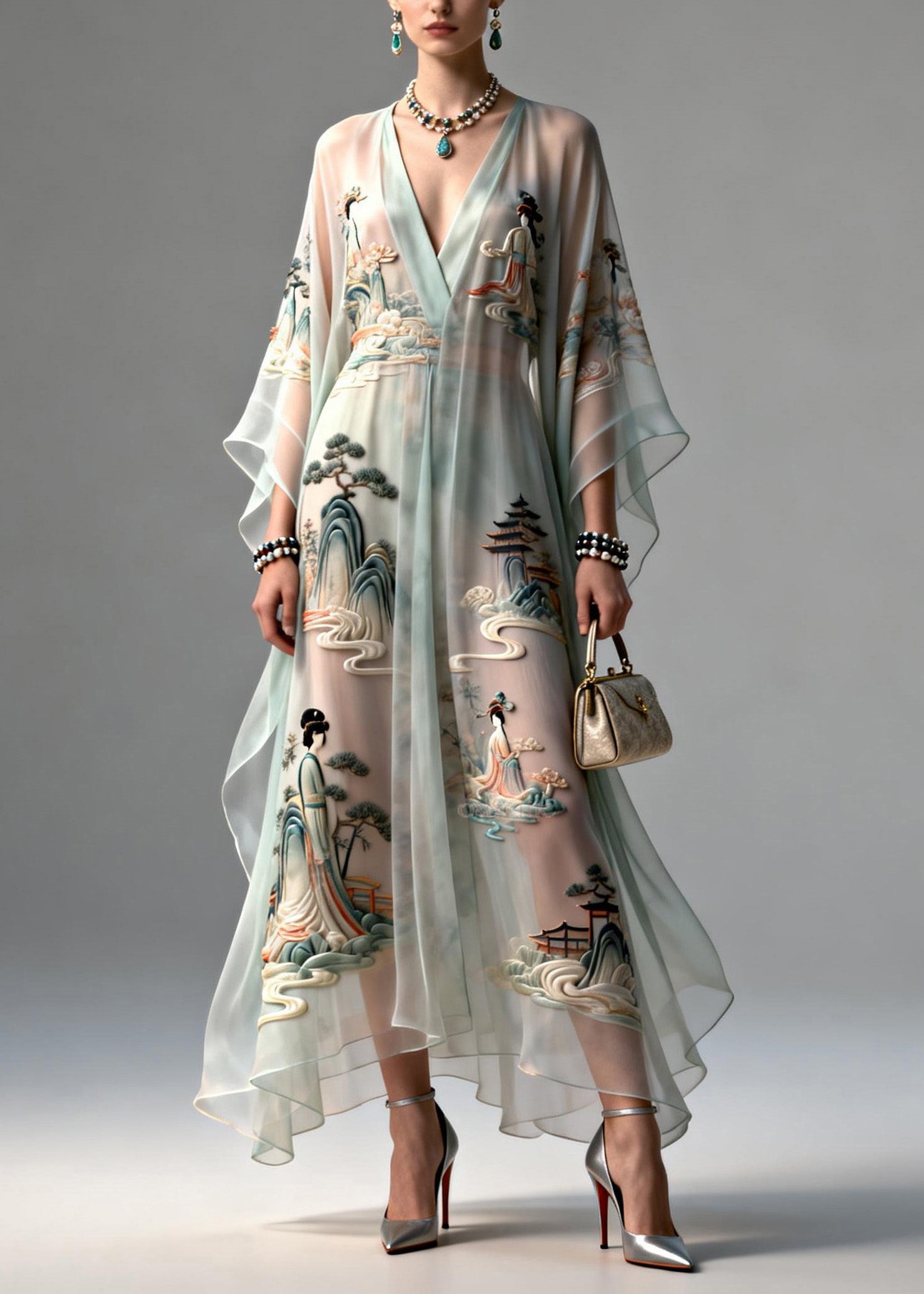 3D Embroidered Landscape Deep V-Neck Kimono Sleeve Asymmetrical Kaftan Maxi Gown