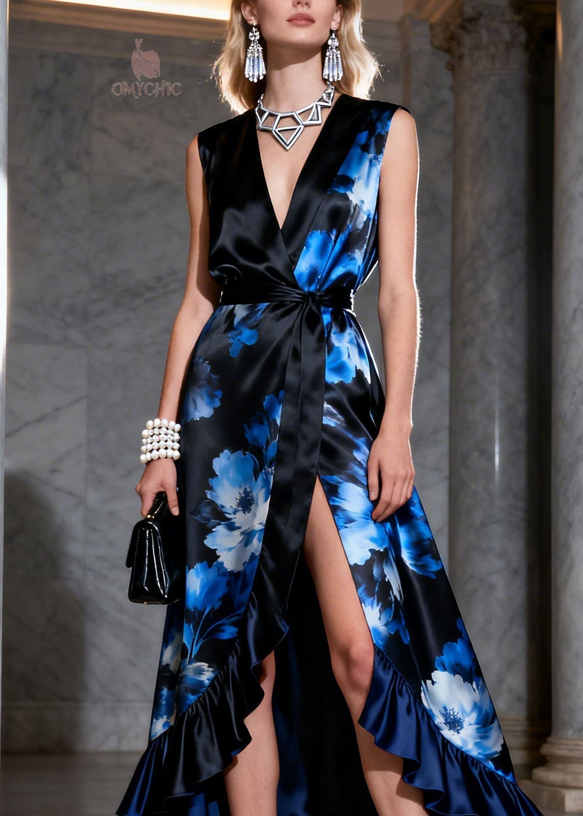 Satin Floral Wrap Deep V-Neck Sleeveless High Low Ruffle Hem Maxi Gown