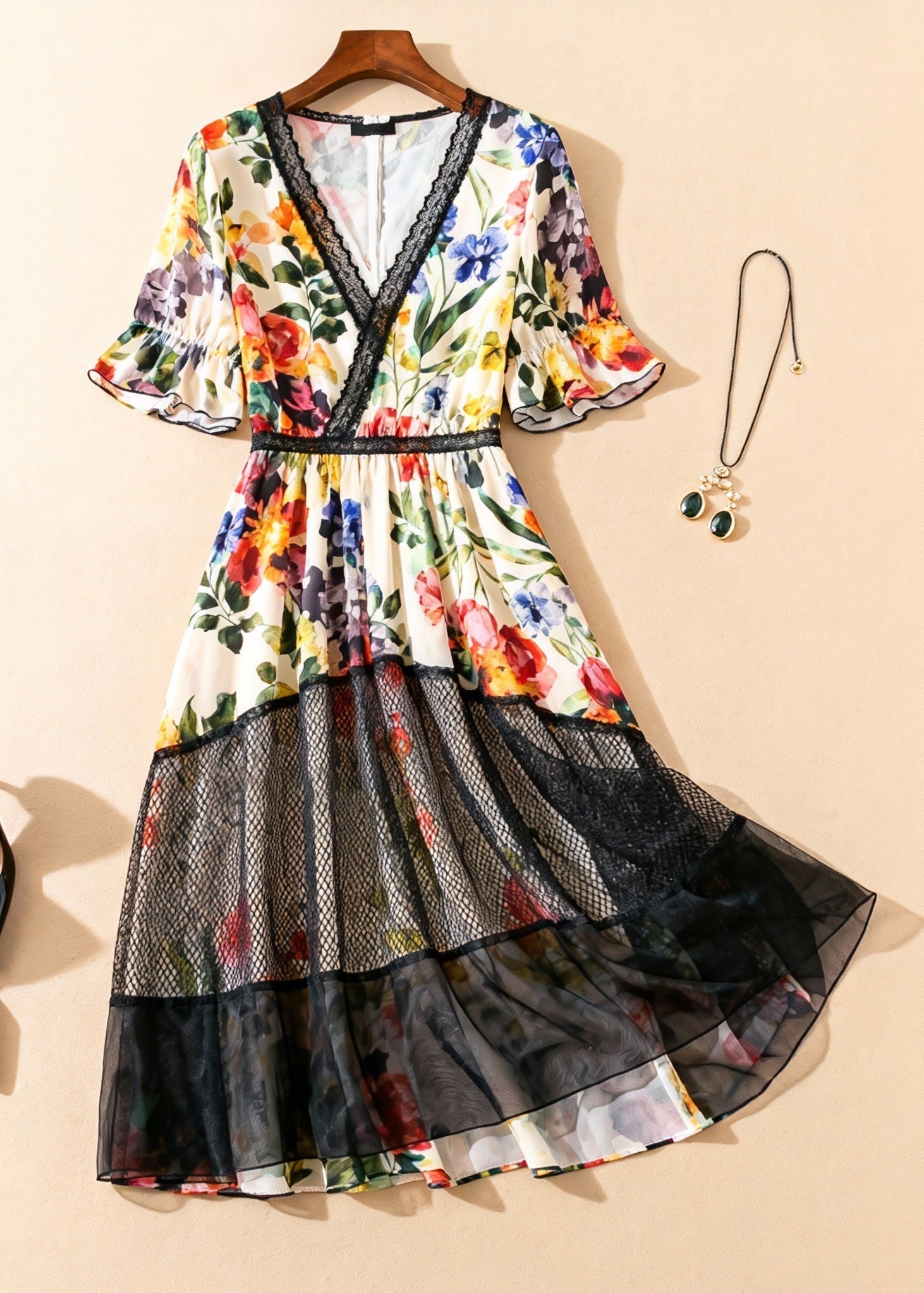 Floral Print V-Neck Lace Trim Flutter Sleeve Mesh Panel Tiered Midi Dress