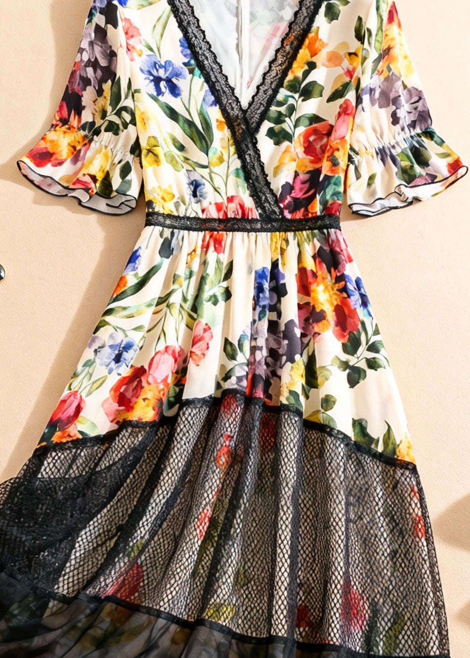 Floral Print V-Neck Lace Trim Flutter Sleeve Mesh Panel Tiered Midi Dress