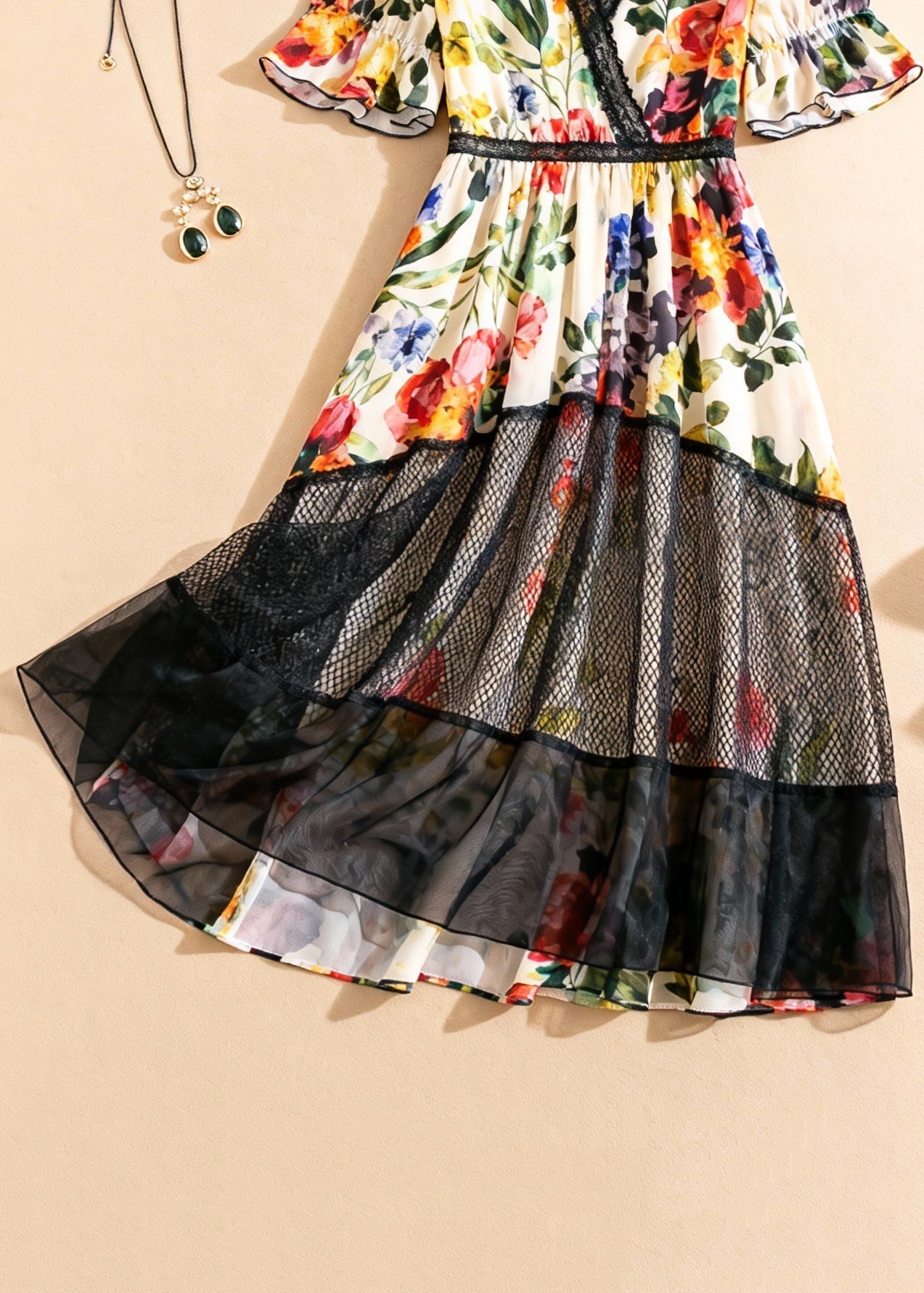 Floral Print V-Neck Lace Trim Flutter Sleeve Mesh Panel Tiered Midi Dress
