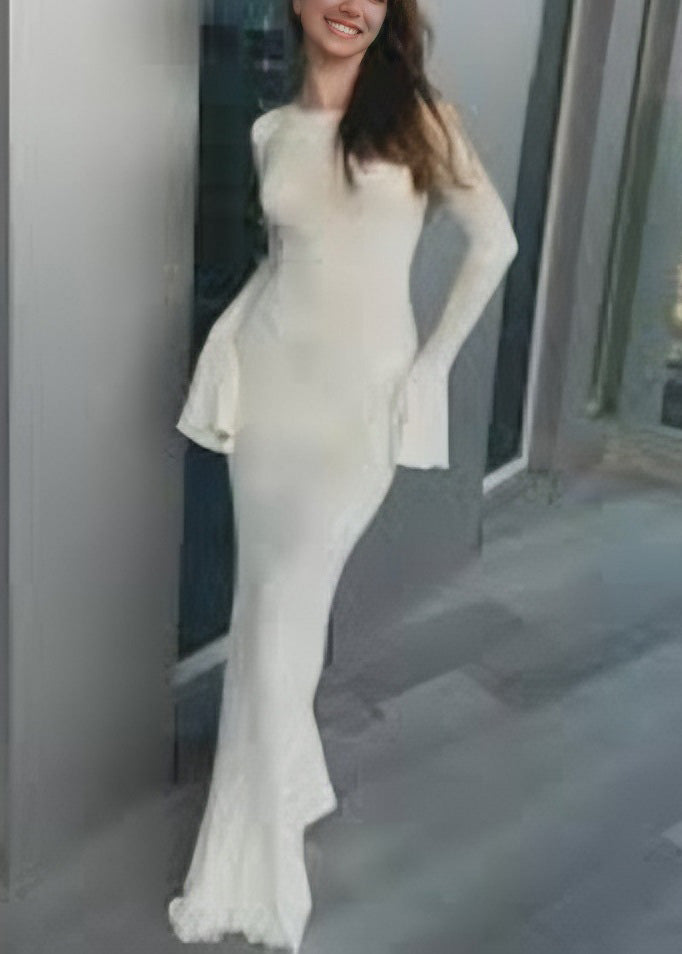 Beautiful White O Neck Backless Lace Up Silk Dress Flare Sleeve 4