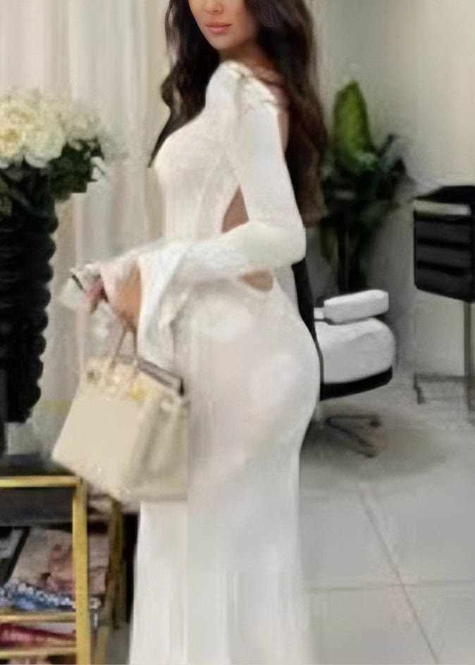 Beautiful White O Neck Backless Lace Up Silk Dress Flare Sleeve 5