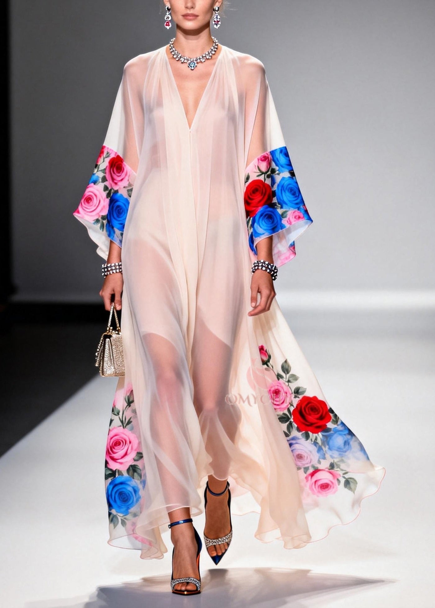 Beautiful White Oversized Floral Print Chiffon Maxi Dresses Summer 3