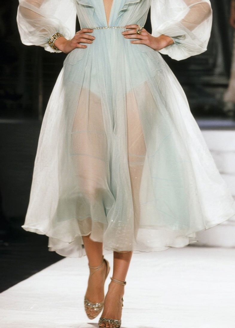 Organza Deep V-Neck Puff Sleeve Ruffle Fit and Flare Midi Dress