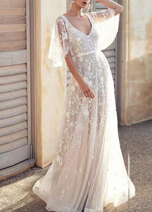 Beautiful White V Neck Backless Tulle Lace Long Dress Summer