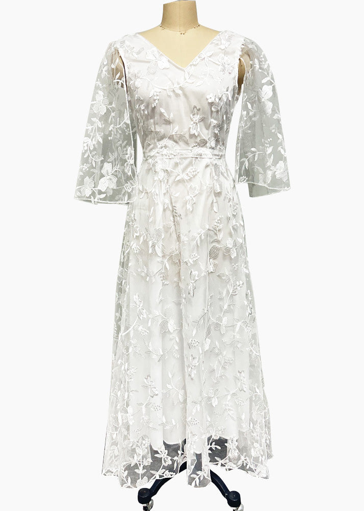 Beautiful White V Neck Backless Tulle Lace Long Dress Summer 5