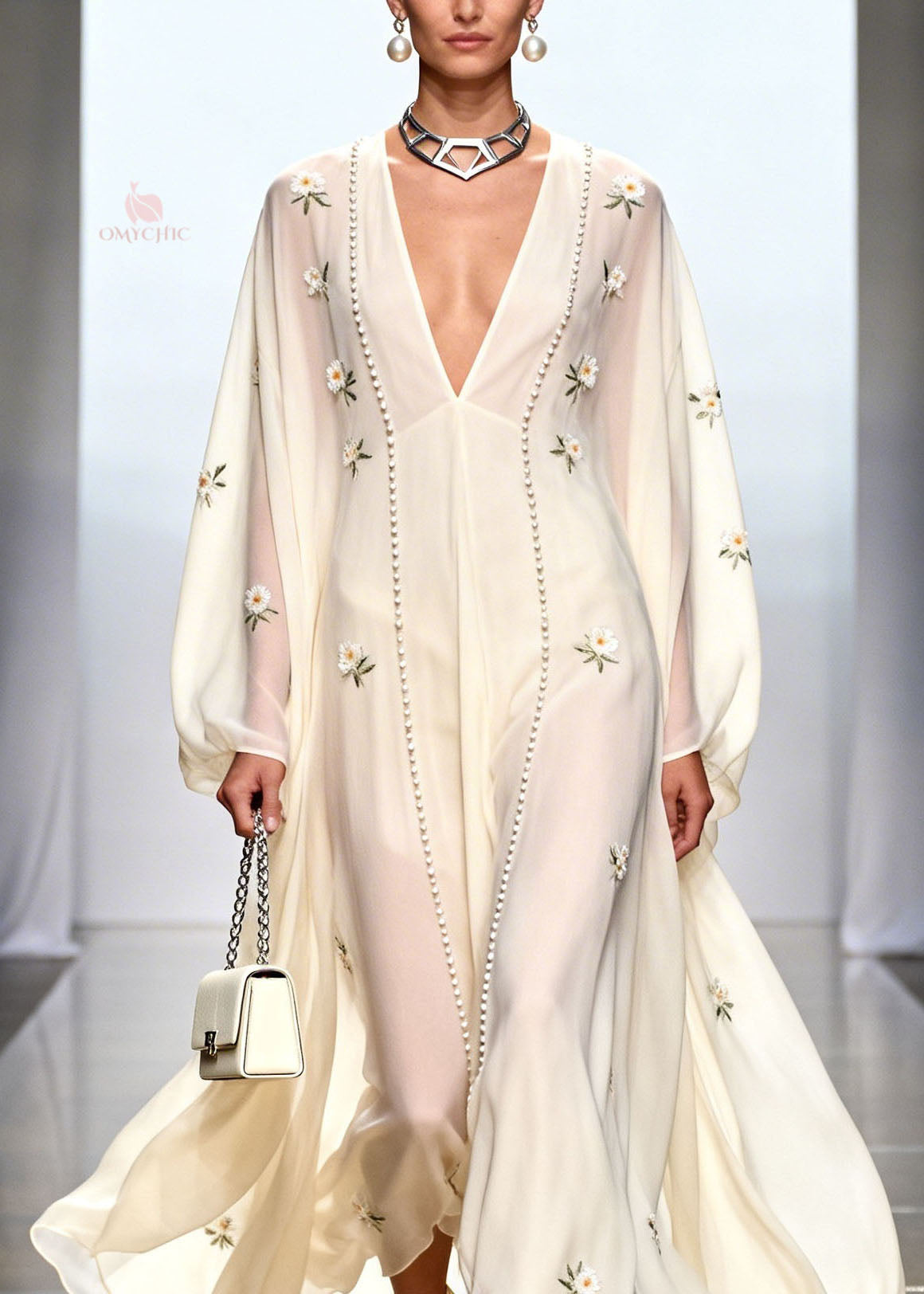 Pearl Trim Deep V-Neck Floral Applique Bishop Sleeve Sheer Chiffon Maxi Gown