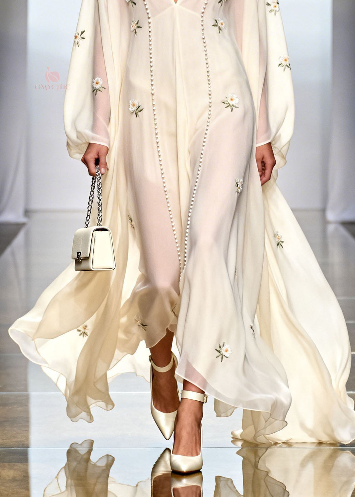 Pearl Trim Deep V-Neck Floral Applique Bishop Sleeve Sheer Chiffon Maxi Gown