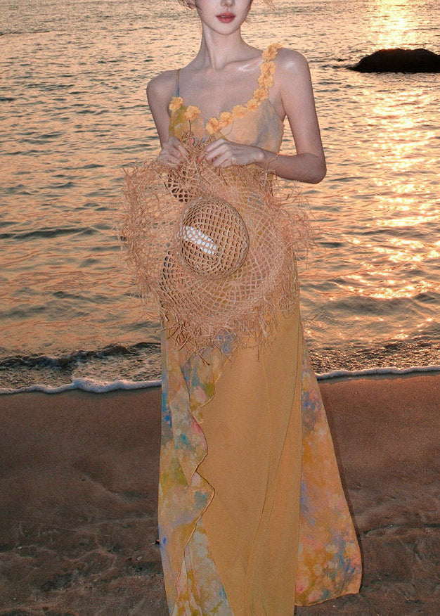 Beautiful Yellow Ruffled Print Chiffon Long Spaghetti Strap Dress - View 2