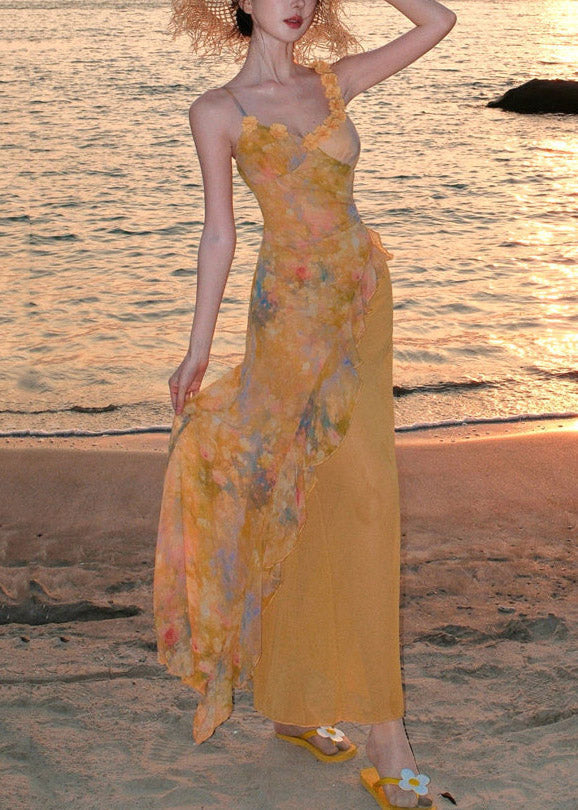 Beautiful Yellow Ruffled Print Chiffon Long Spaghetti Strap Dress - View 3
