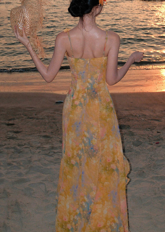 Beautiful Yellow Ruffled Print Chiffon Long Spaghetti Strap Dress - View 5