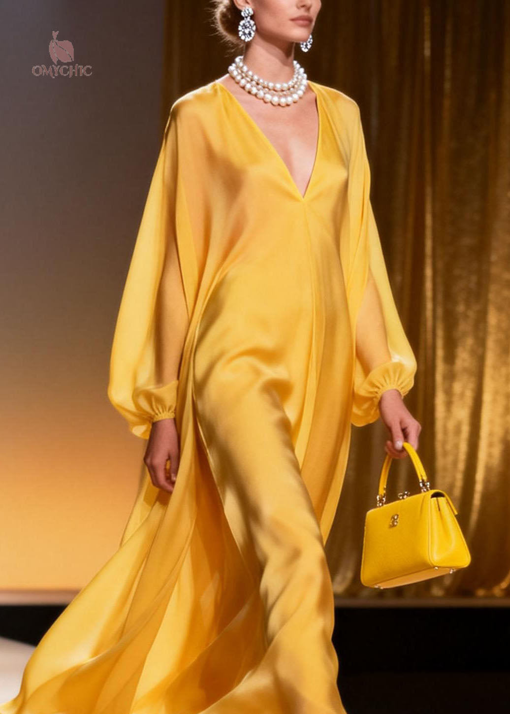 Satin Deep V-Neck Lantern Sleeve Flowy Asymmetrical Hem Maxi Gown